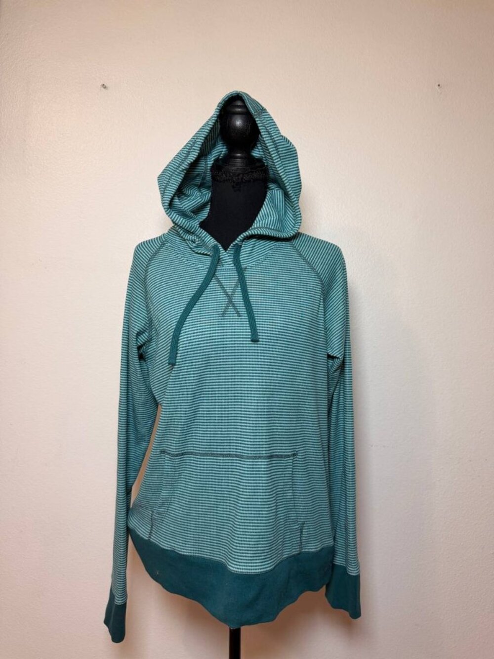 Kuhl Teal Striped Thermal Hoodie Pullover Outdoor Athleisure Style Medium